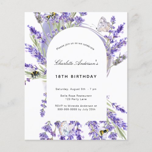 Birthday lavender floral budget invitation flyer