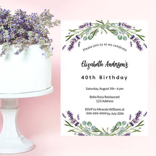 Birthday lavender florals eucalyptus greenery invitation postcard