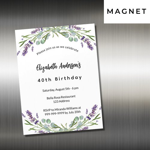 Birthday lavender florals eucalyptus greenery magnetic invitation