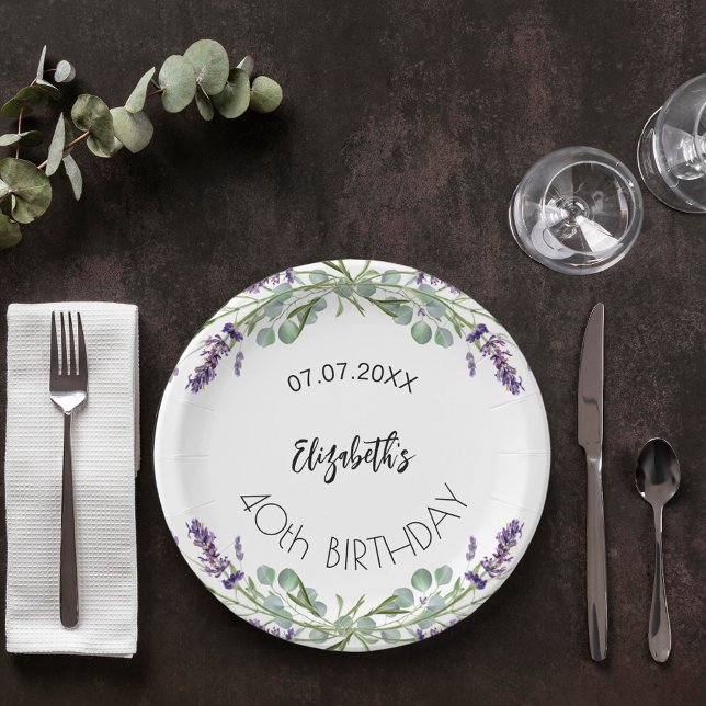 Birthday lavender flowers eucalyptus greenery paper plates (Creator Uploaded)