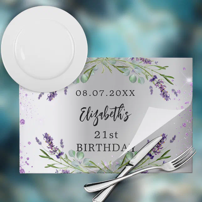 Birthday lavender silver party paper placemat Zazzle