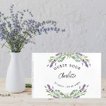Birthday lavender violet florals eucalyptus guest book<br><div class="desc">A stylish white background decorated with violet lavender flowers and eucalyptus greenery.  Personalize and add a name.
Spine: add your own text.</div>