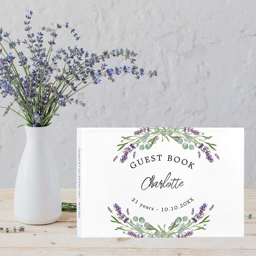 Birthday lavender violet florals eucalyptus guest book