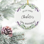 Birthday lavender violet flowers name ceramic ornament<br><div class="desc">A white background decorated with violet lavender flowers and eucalyptus greenery.   Personalize and add your name and a date.  Black text.</div>