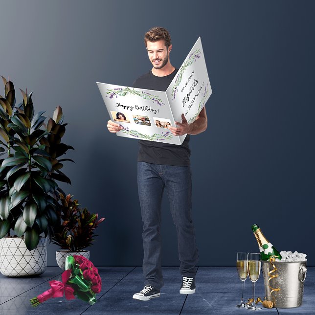 Birthday lavender violet silver floral photo card (Creator Uploaded)