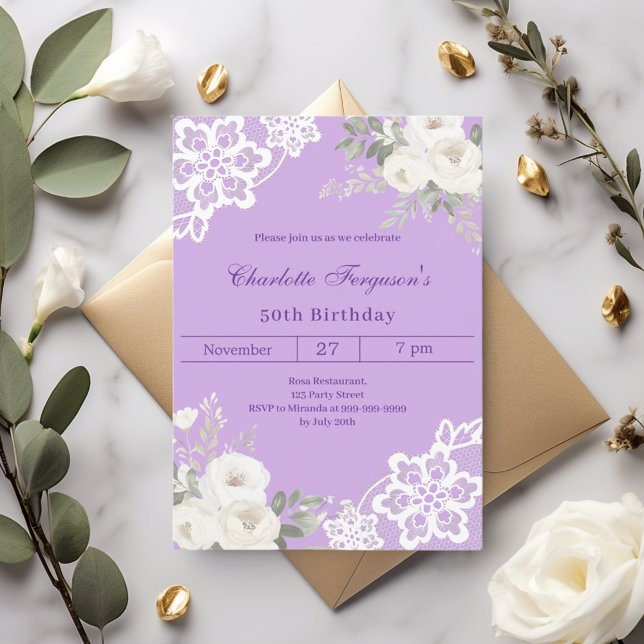 Birthday lavender white roses lace invitation (Creator Uploaded)