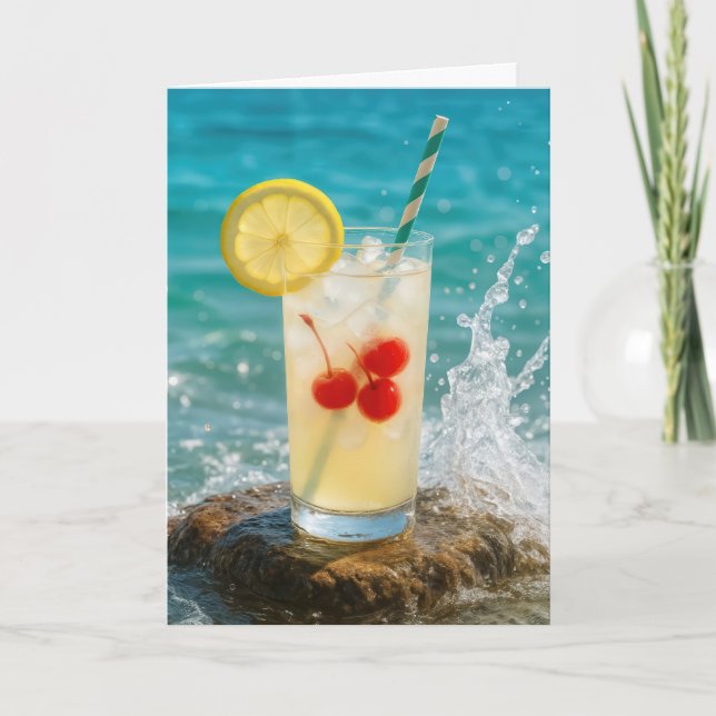 Birthday Lemonade Cocktail On a Beach Rock Card (Front)