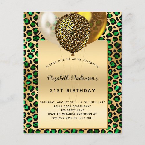 Birthday leopard emerald green gold balloon budget flyer