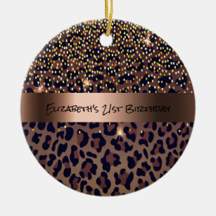 Birthday leopard pattern bronze monogram ceramic ornament