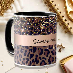 Birthday leopard pattern brown black name age mug