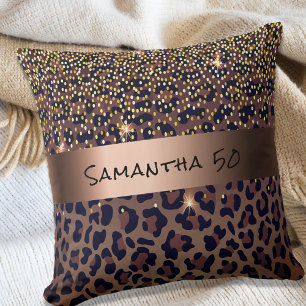 Birthday leopard pattern brown black name age throw pillow