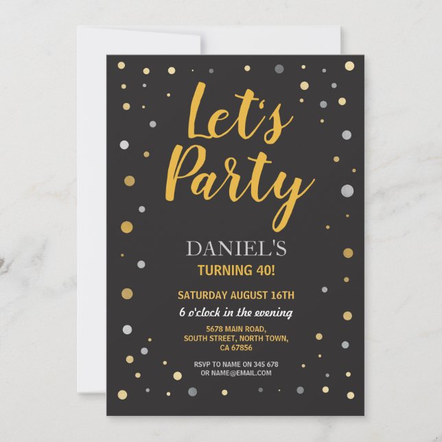 Birthday Let's Party Any Age Black Gold Invite 40 (Front)