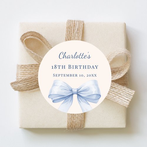 Birthday light blue bow ivory classic round sticker
