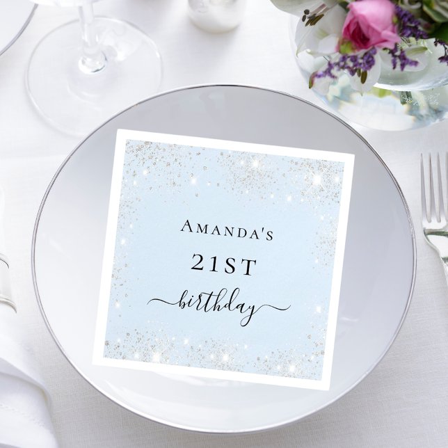 Birthday light blue silver glitter dust monogram napkins (Creator Uploaded)