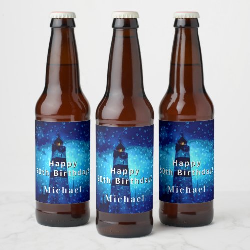 Birthday lighthouse navy blue night monogram beer bottle label