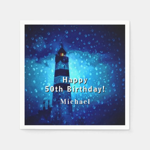 Birthday lighthouse navy blue night monogram men napkins