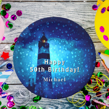 Birthday Lighthouse Navy Blue Night Monogram Paper Plates by Nordic_designs at Zazzle