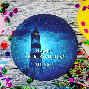 Birthday lighthouse navy blue night monogram paper plates