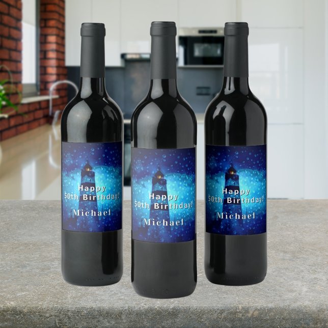 Birthday lighthouse navy blue night monogram wine label (Creator Uploaded)