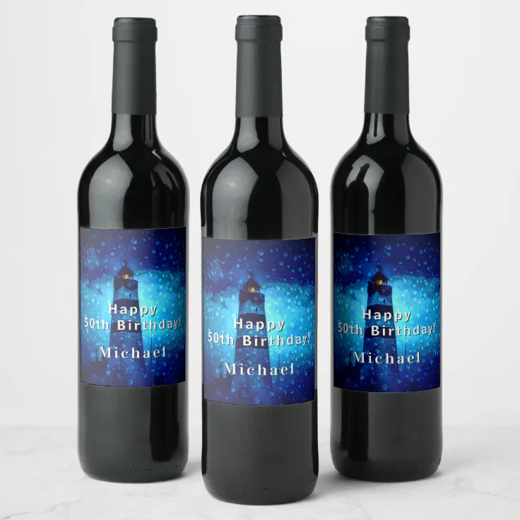 Birthday lighthouse navy blue night monogram wine label Zazzle