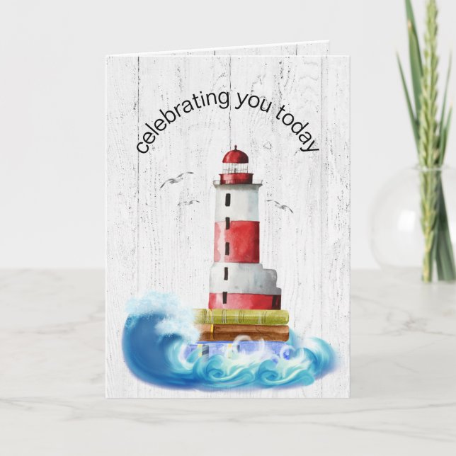 Birthday Lighthouse On Whitewashed Wood  Card (Front)