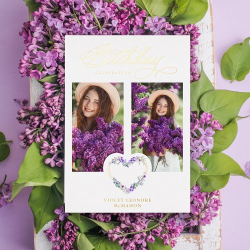 Birthday Lilac Real Gold 2 Photos Floral Heart Foil Invitation