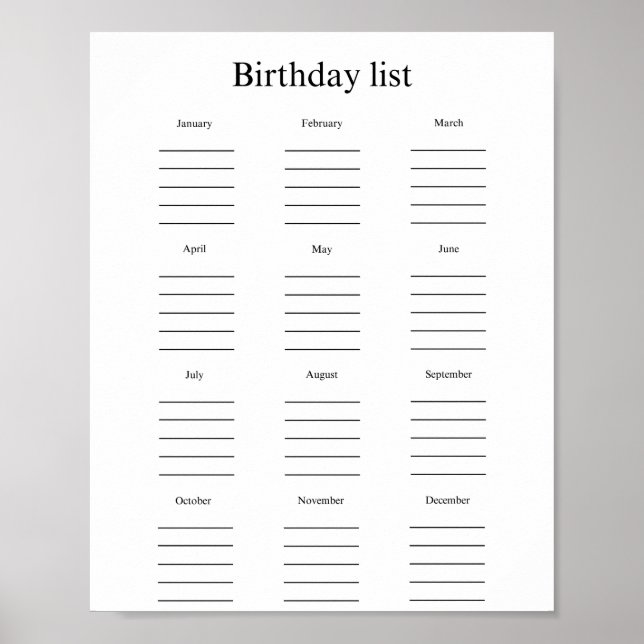 Birthday list poster (Front)