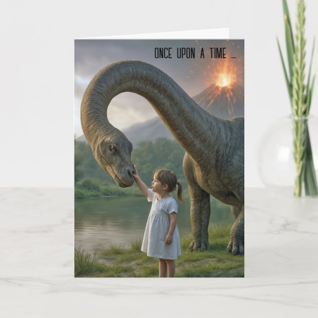 Birthday Little Girl Befriending a Dinosaur Card (Front)