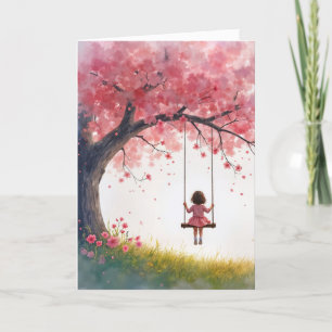 Birthday Little Girl On Cherry Tree Swing Card