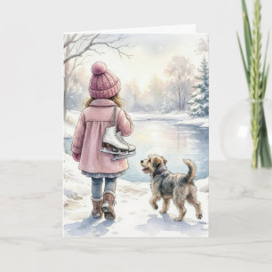 Birthday Little Girl With Ice Skates and Dog Card