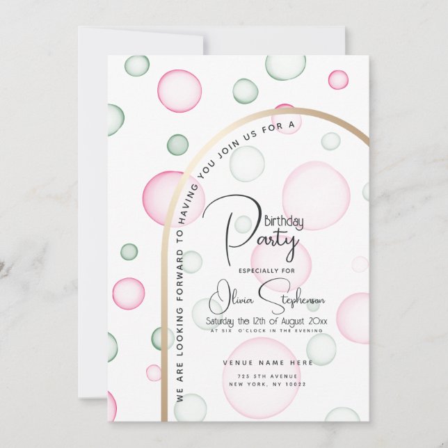 Birthday | Lively Fun Pink and Green Bubbles Invitation (Front)