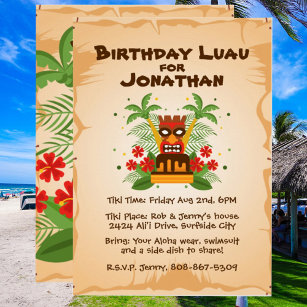 Birthday Luau Tropical Hawaiian Tiki Bar BBQ Party Invitation