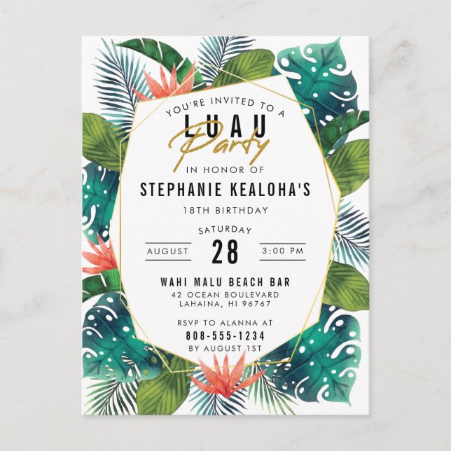 Birthday Luau Tropical Palm Leaves & Monstera Invitation Postcard (Front)