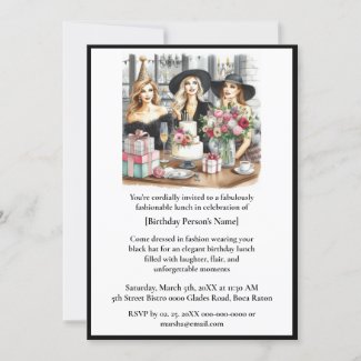 Birthday Lunch Chic Ladies Black Hat  Invitation