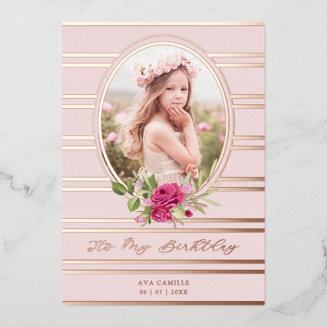 Birthday Luxury Pink Floral Garland Photo Foil Invitation (Front)