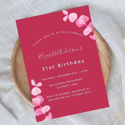 Birthday magenta white eucalyptus invitation