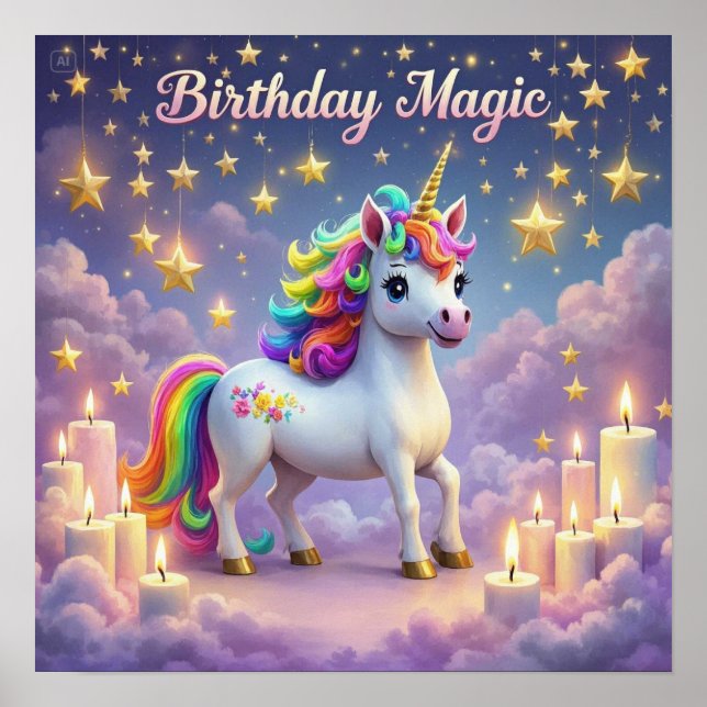 Birthday Magic poster Whimsical unicorn kids party (Front)