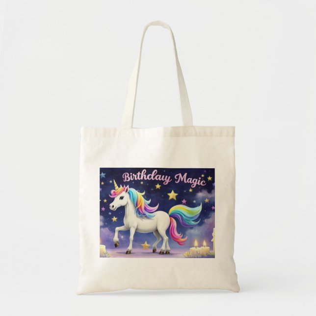 Birthday Magic Whimsical unicorn tote bag rainbow  (Front)