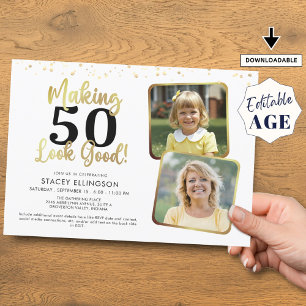 Birthday Making AGE Look Good 2 Photos Gold Black Invitation