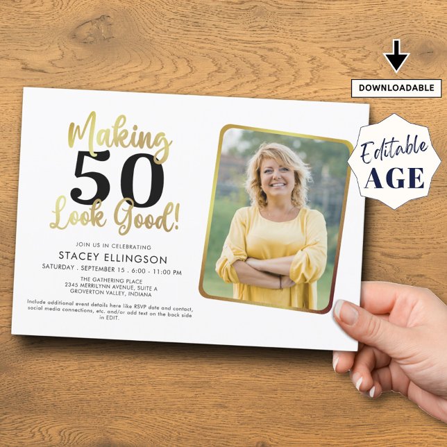 Birthday Making AGE Look Good Photo Gold Black Invitation (Creator Uploaded)