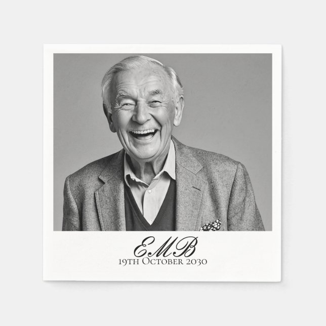 Birthday Male Stylish Photo Black White Monogram  Napkins (Front)