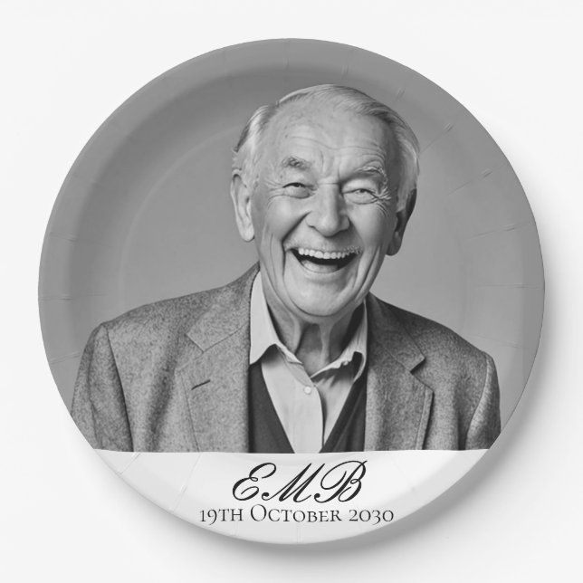 Birthday Male Stylish Photo Black White Monogram  Paper Plates (Front)