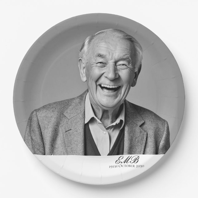 Birthday Male Stylish Photo Black White Monogram  Paper Plates (Front)