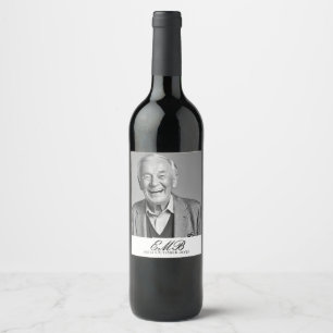 Birthday Male Stylish Photo Black White Monogram Wine Label