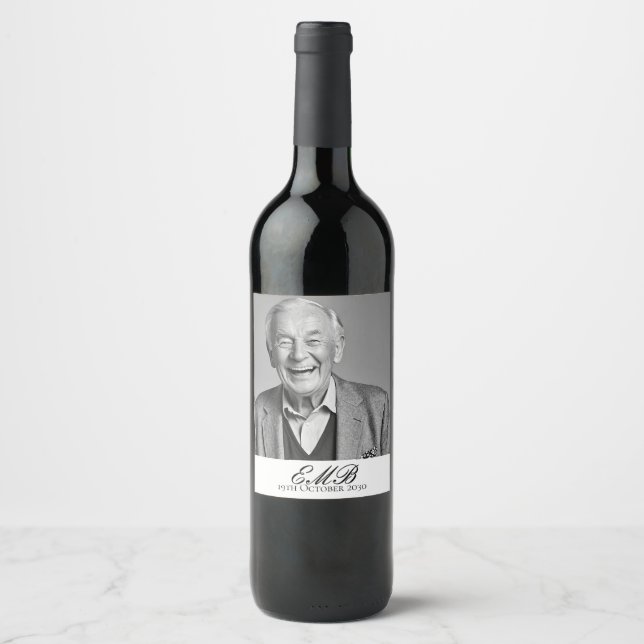 Birthday Male Stylish Photo Black White Monogram  Wine Label (Front)