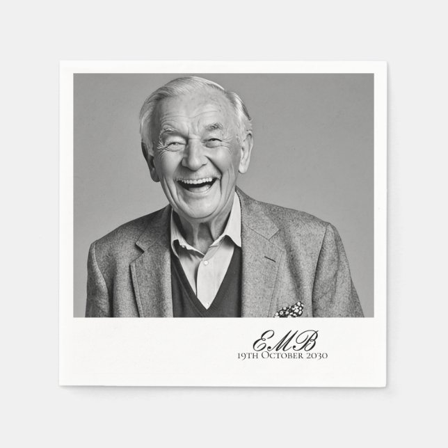 Birthday Male Stylish Photo White Monogram  Napkins (Front)