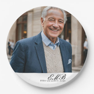 Birthday Male Stylish Photo White Monogram  Paper Plates