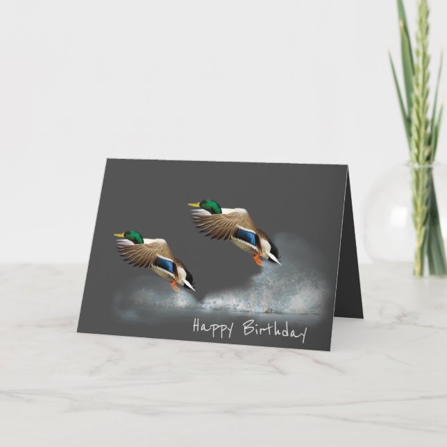 Birthday Mallard Ducks Flying Over Water Card (Front)