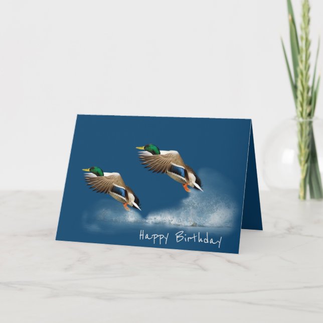 Birthday Mallard Ducks Flying Over Water Card (Front)