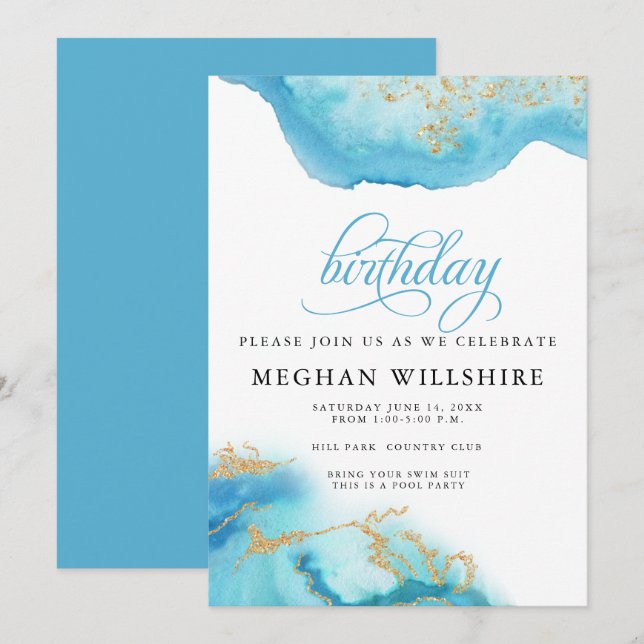 Birthday March Aquamarine Watercolor Geode Invitation (Front/Back)